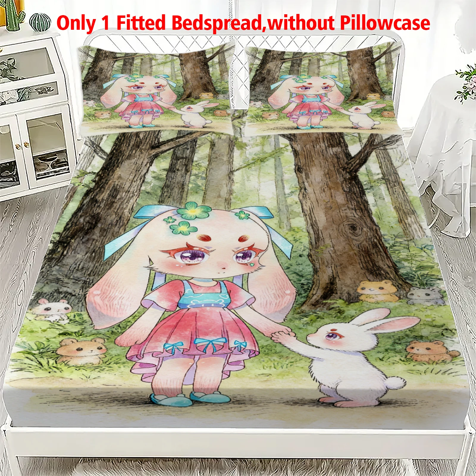 3pcs Fitted Sheet Set Soft Fluff Town Lulu-Sleepy Bunny Breathable Fitted Sheet Set for Home Decor with 2 Pillowcases For Kids