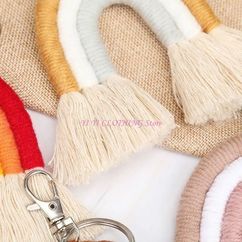 N5KF 트렌디 한 수제 키 홀더 키 링 술 지대 직조 무지개 펜던트 키 체인 보석 지갑 핸드폰 백 팩