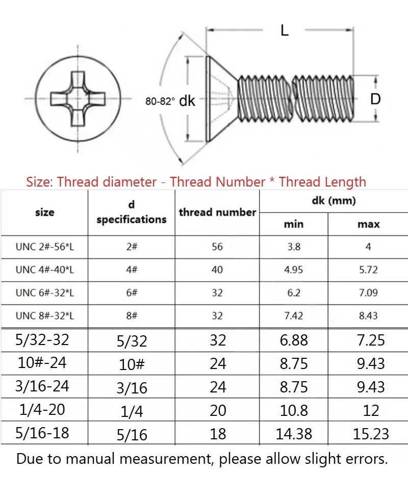 UNC 10#-24 3/16-24 1/4-20 5/16-18 304 Stianless Steel Cross Recessed Phillips Flat Countersunk Head Screw Bolt