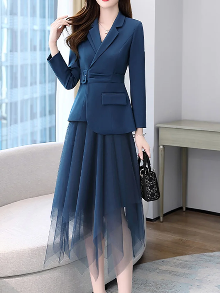 ZJYT Business Office Blazer Suits Mesh Skirt 2 Piece Dress Sets Women Outfit Elegant Spring Autumn Conjuntos De Falda Vestidos