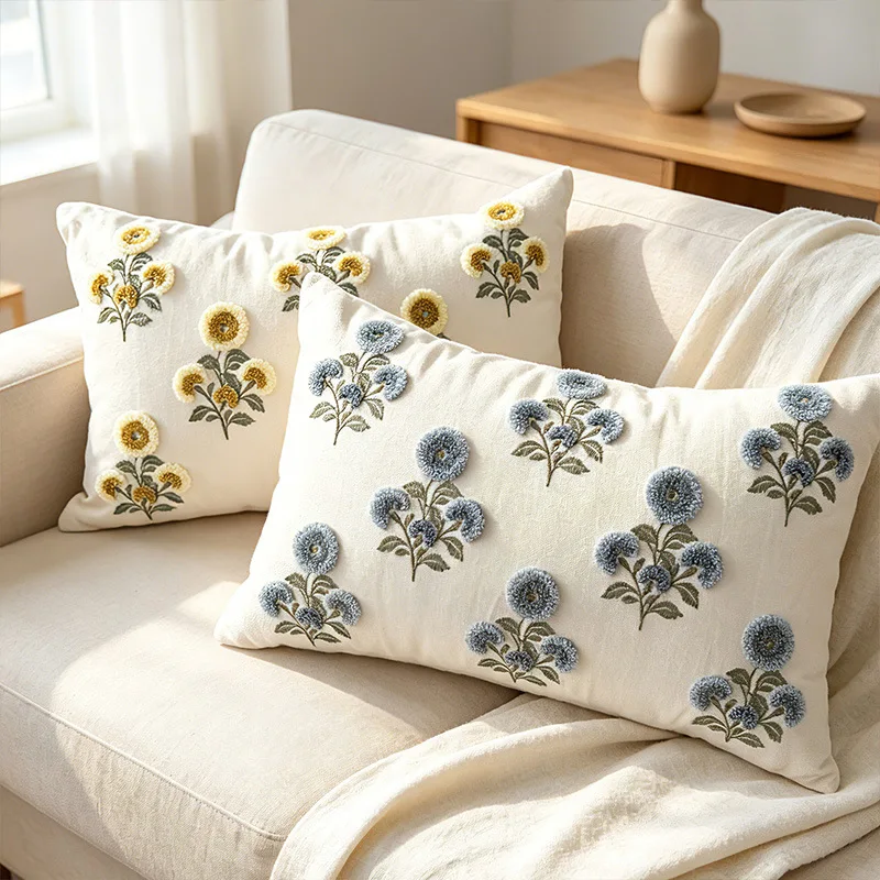 1/2pcs Tufted Throw Pillow Case Pastoral Floral Embroidered Cushion Cover Canvas 30x50cm 45x45cm Farmhouse Gift Pillow Cover