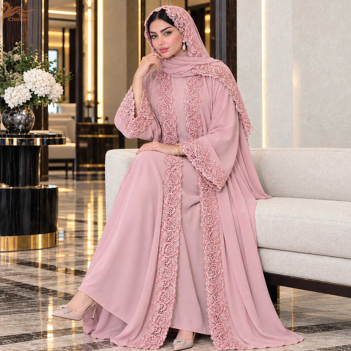 Uni Elegant 2-Piece Abaya Set Dubai Turkish Modest Muslim Clothing Lace Trim Open Cardigan Abaya with Matching Hijab