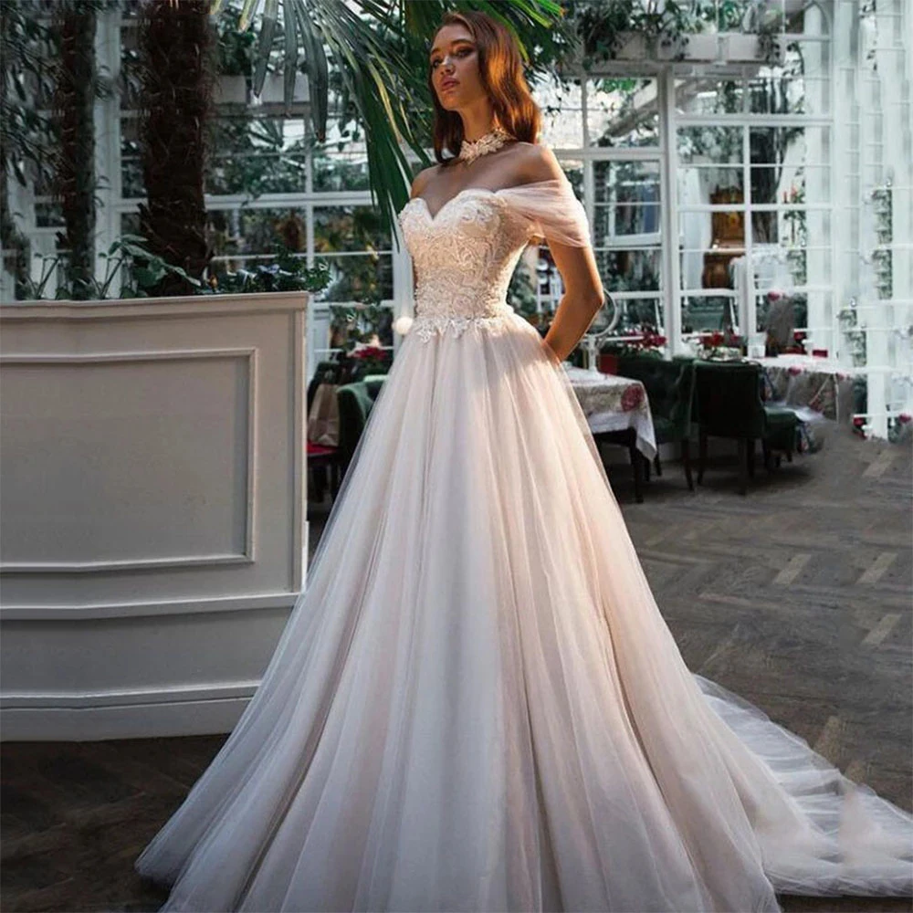 Boho Tulle Satin abiti da sposa da donna eleganti abiti da sposa con spalle scoperte semplicità Mopping Length Vestidos De Noches 2024