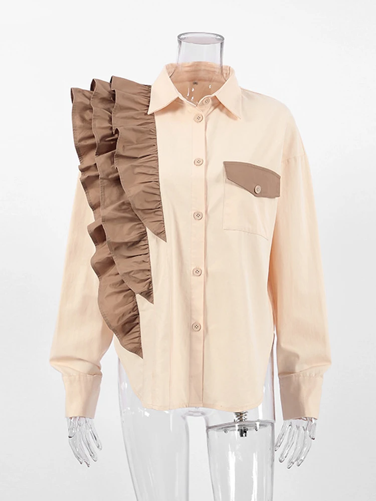 Mumaroho 2023 Autumn Winter Women Shirt Solid Khaki Casual Long Sleeve Ruffles Blouse Female