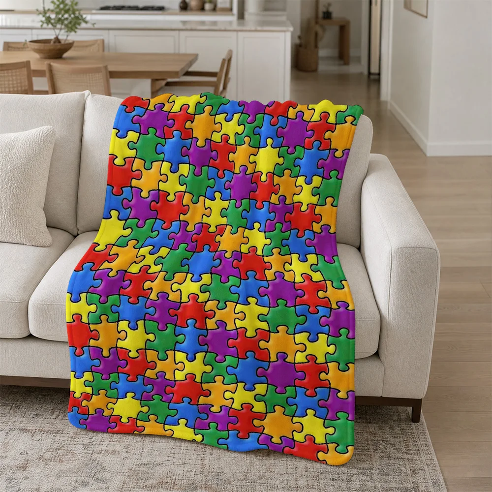 Vibrant Rainbow Puzzle Piece Throw Blanket Cozy Sofa Bedding for Couch Decor Gift