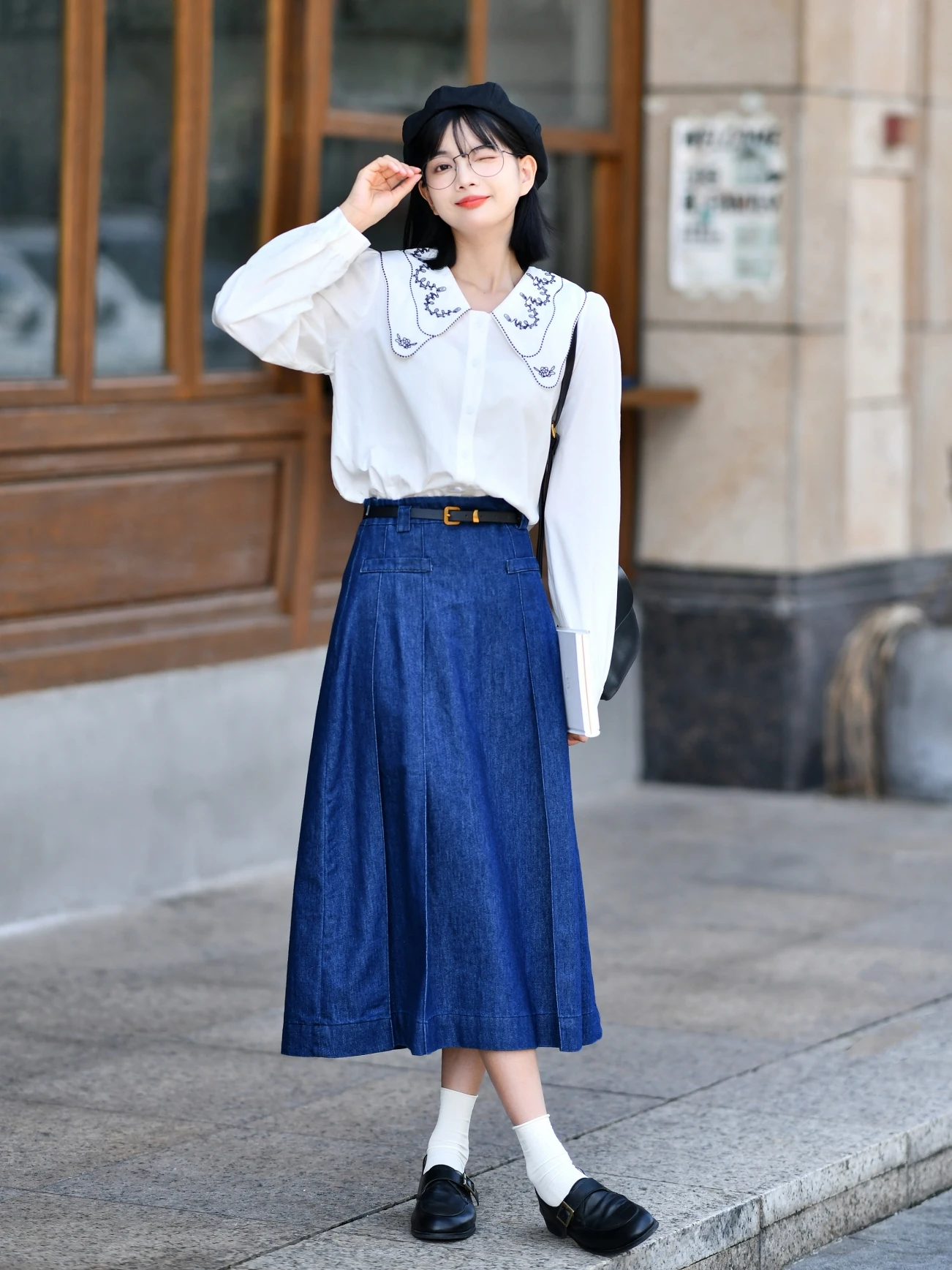 

Свободная женская рубашка с длинными рукавами и вышитым воротником, повседневный стиль, модный японский дизайн, осенняя коллекция