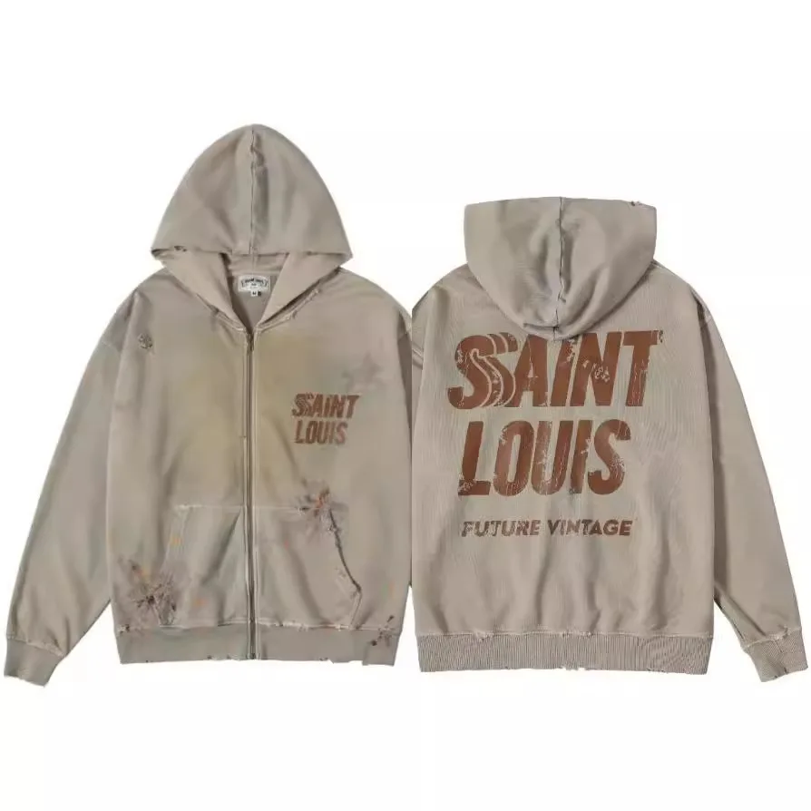 

SSSAINT LOUIS Splatter-style distressed American retro high street vintage zipper hoodie and jacket for both men and women