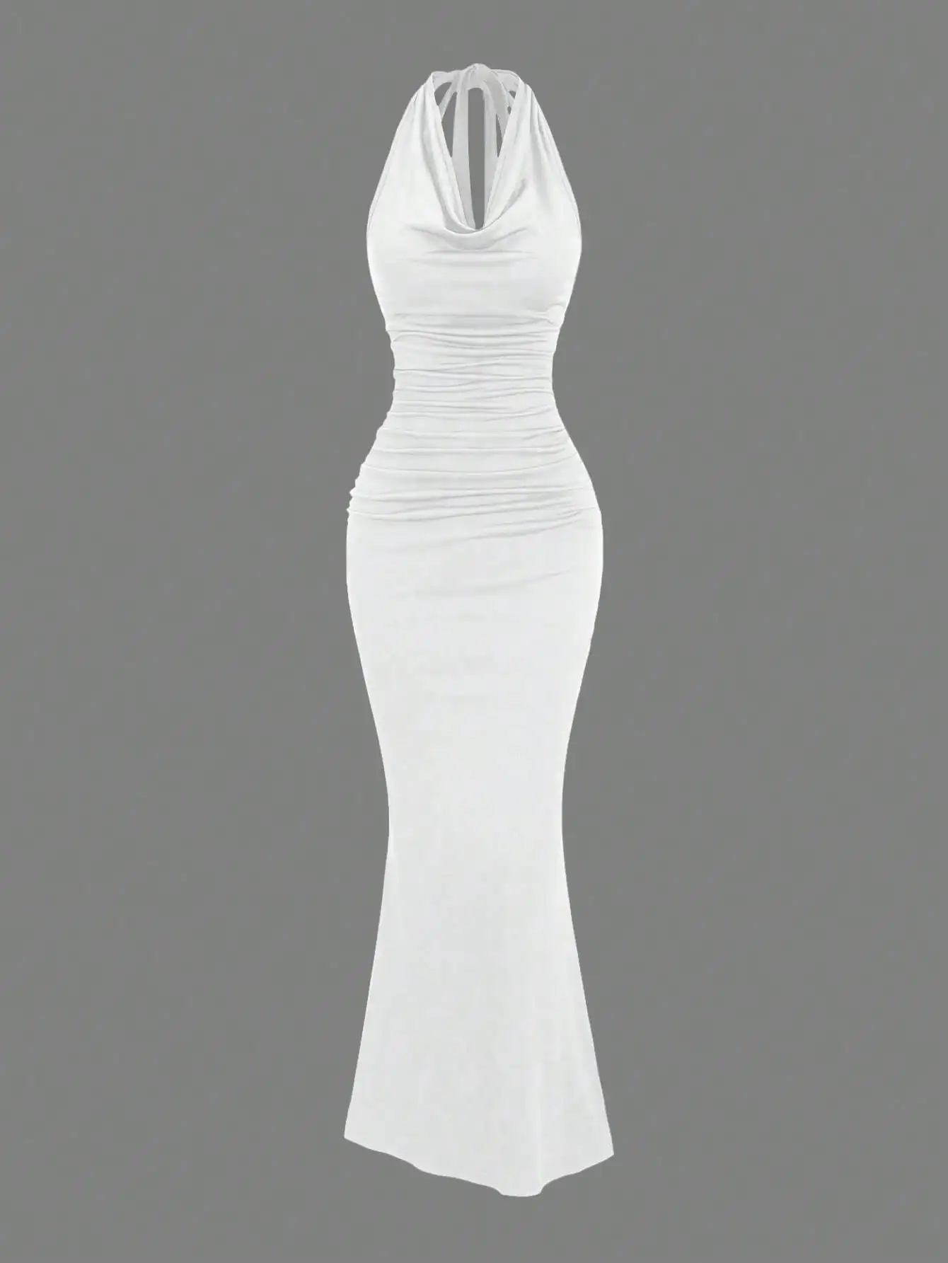 

Women's White Halter Neck Ruched Bodycon Mermaid Dress for Party