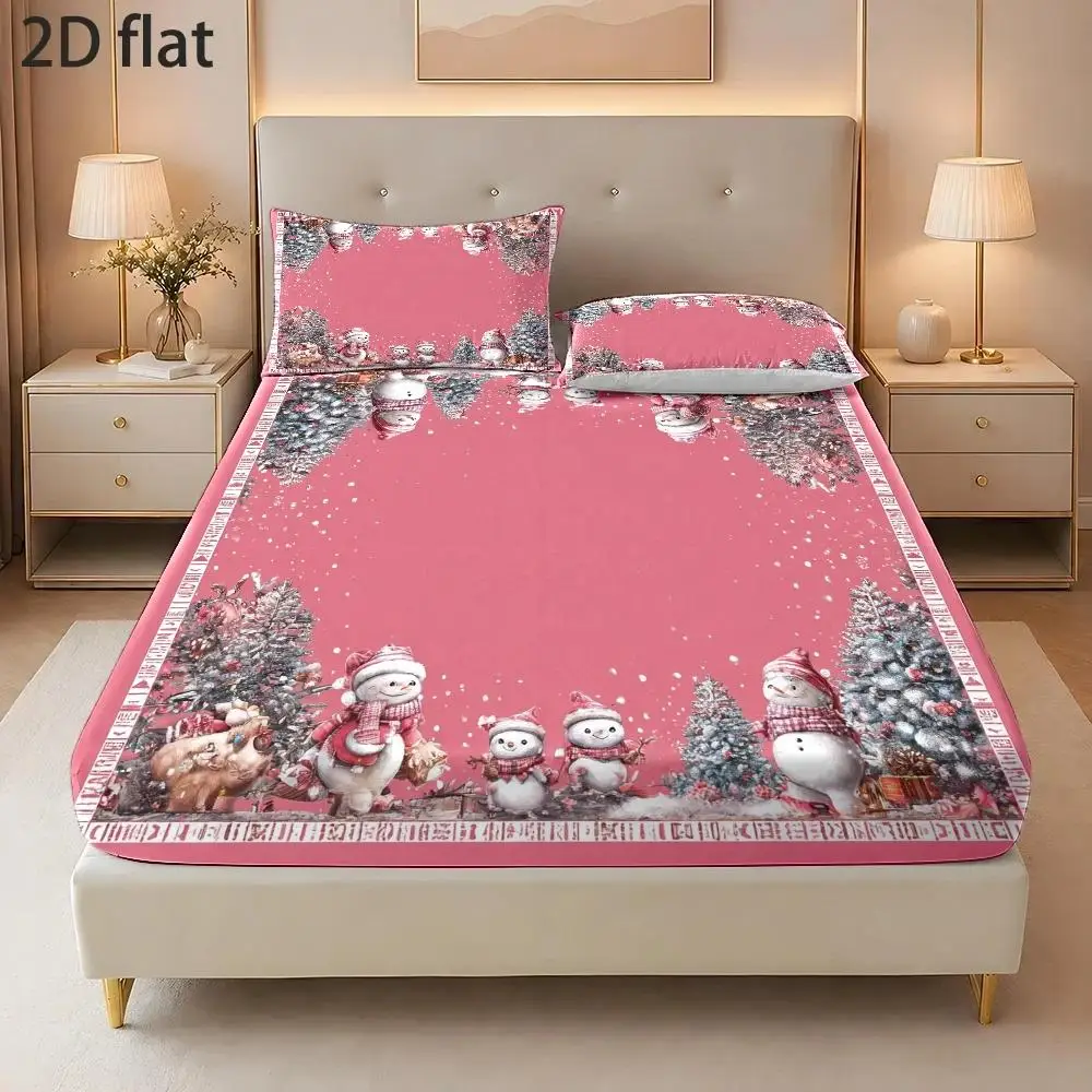 Christmas 2D Digital Print Three-Piece Bedding Set (Includes 1 Fitted Sheet + 2 Pillowcases) Mattress Protector, Fitted Sheet Style, Protective Cover, 2D Flat Priting, Pink Snowman Forest Border Decorative Painting, Warm Cartoon Illustration Style, Festive Atmosphere, Suitable for All Seasons, Machine Washable, Holiday Decoration, Various Sizes, Breathable Protective Cover Plus Pillowcase
