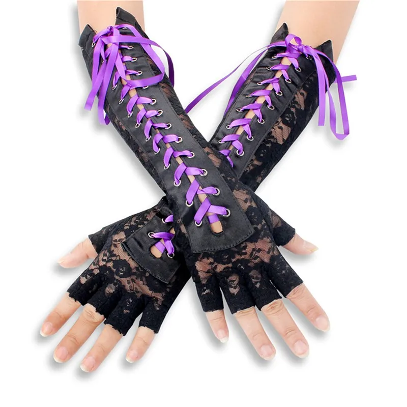 2024 Women Sexy Floral Lace Elbow Length Half-finger Gloves black String Ribbon Ties Up Dance Party Fingerless Fishnet Mittens