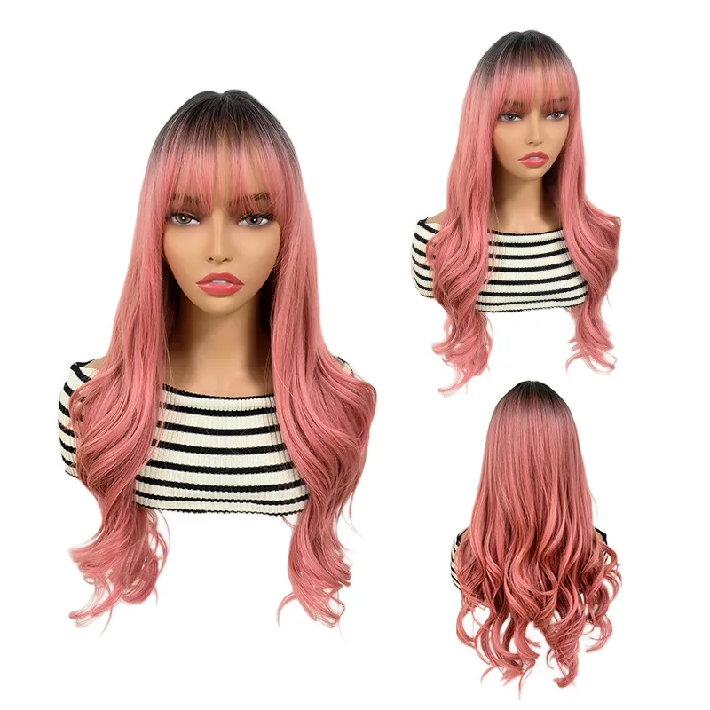 

Hot-selling European and American style gradual change pink long curly hair full head cover women's air bangs