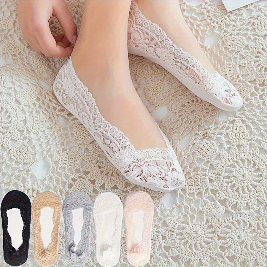 

5 pairs of women's lace boat socks - anti slip silicone grip, invisible summer thin socks, suitable for casual and formal wear