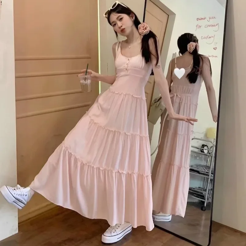 ฤดูร้อนผู้หญิงสีชมพู Ruffle ชุดยาวเกาหลีฝรั่งเศส Fairy Elegant Chic ชุดราตรีแขนกุด SLIM FIT หวาน Camis ชุด Плае