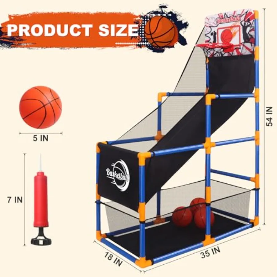 Arcade Basketball Game Set for indoor outdoor use, plastic hoop with red blue green yellow balls, lightweight durable design id