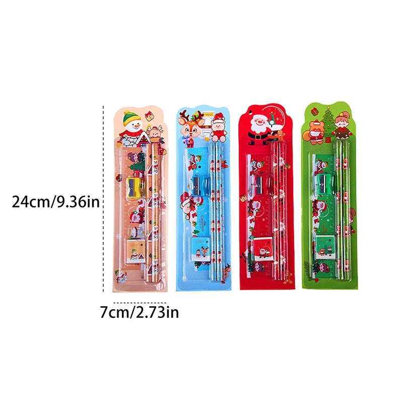 1Set Christmas Stationery Set Kids Cartoon Pencils Eraser Ruler Memo Pads Pencil Knife Set School Supplies Back To School Gift