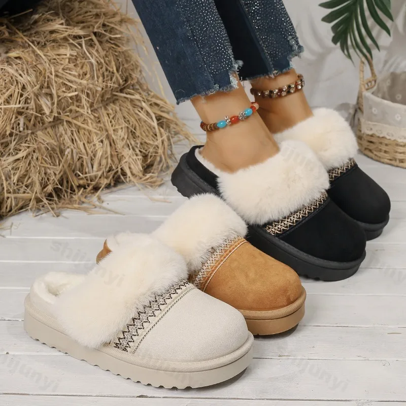 

Повседневные женские зимние ботинки с волосатой подошвой в стиле ретро, зима 2024, новые теплые удобные универсальные плюшевые хлопковые массивные полутапочки
