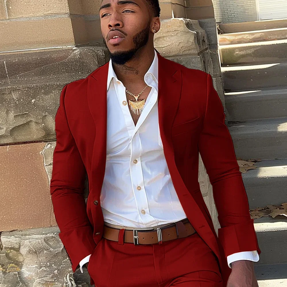 

Мужской красный свадебный костюм из двух предметов с шалевым воротником и одной пуговицей для жениха (куртка + брюки), облегающий костюм для вечеринок и танцев, торжественный наряд