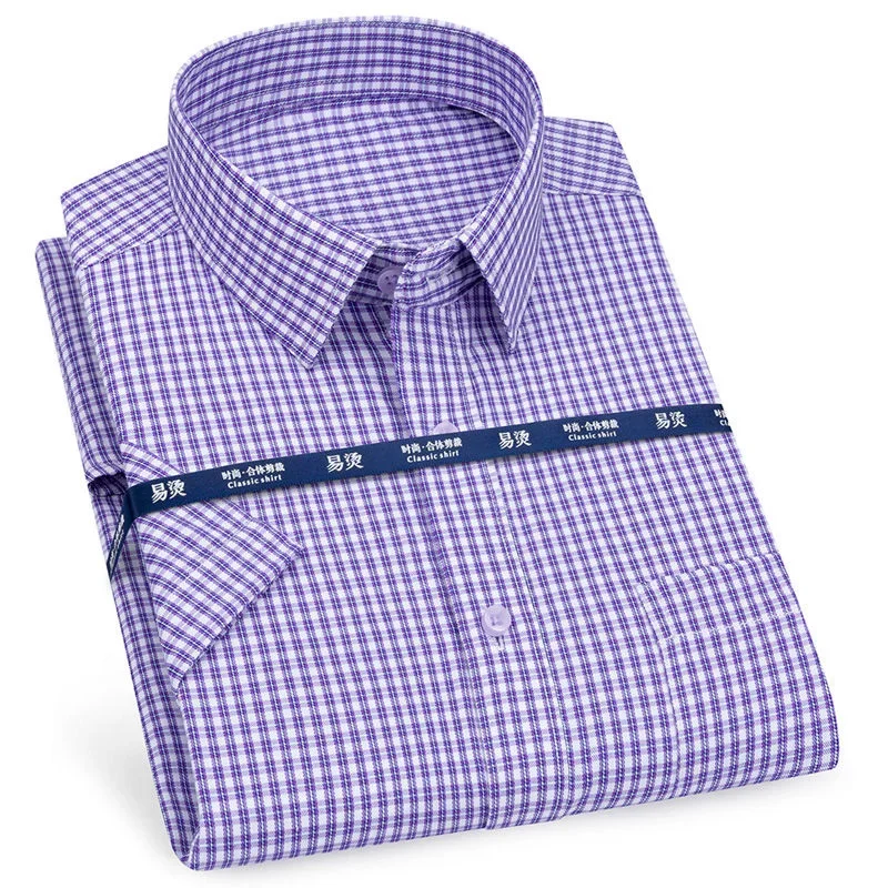 Chemise à carreaux rayée à manches courtes pour hommes, chemises d\'affaires décontractées, robe sociale masculine, chemises de plage classiques,