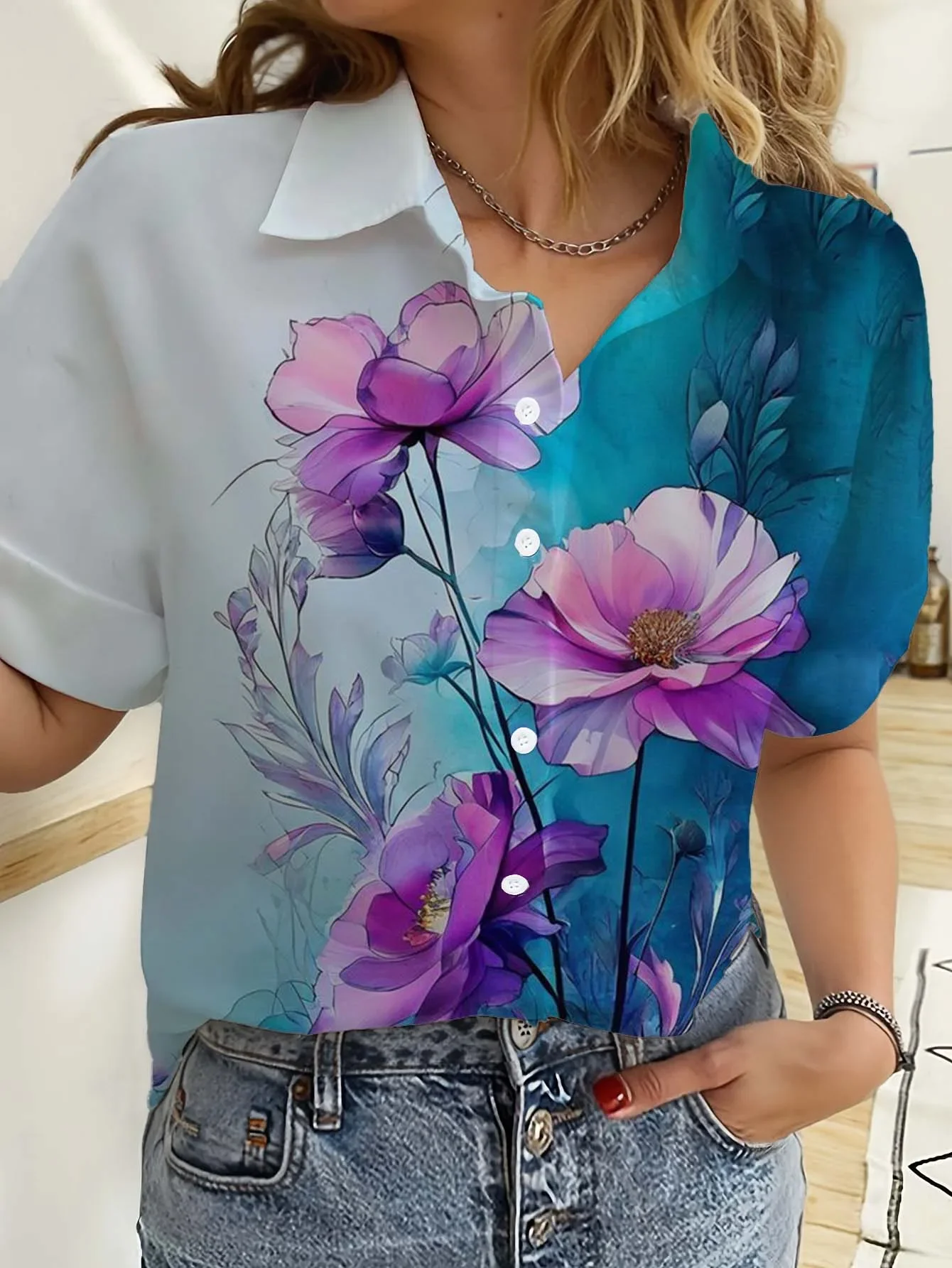 

Hawaiian Womens Shirts Short Sleeve Button Floral Rose 3D Printed Casual Beach Shirt Summer Sunflower Blouse Women's Clothes Top
