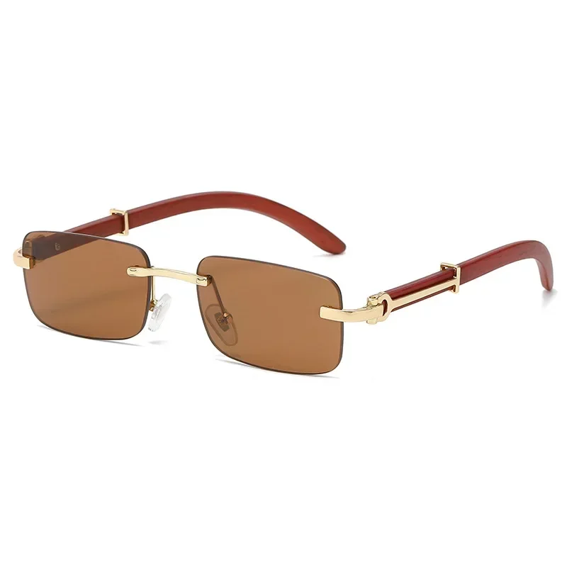 

2024 New Retro Style Frameless Sunglasses for Women's Fashionable Imitation Wood Grain Legs