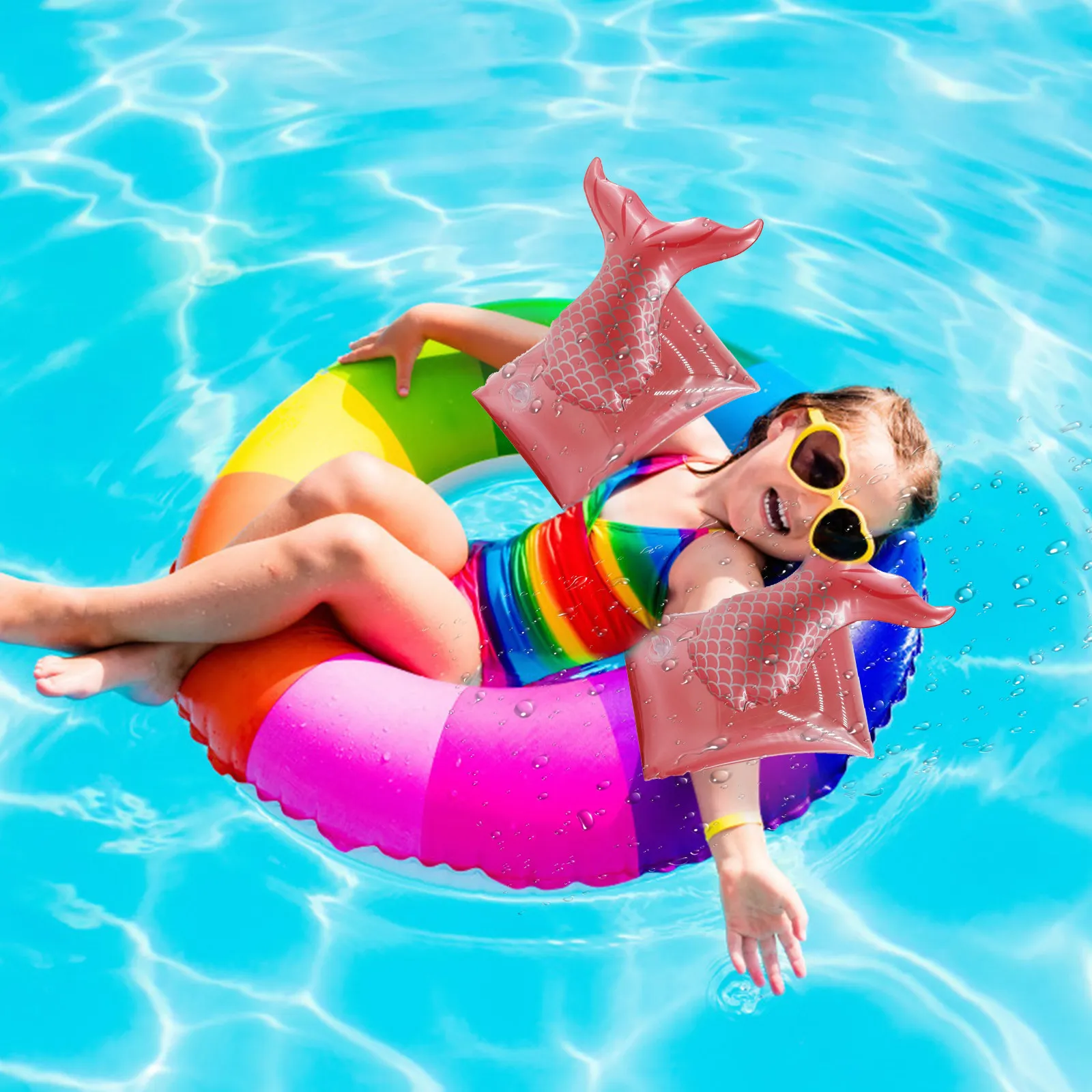 1Pair Kids Swimming Armbands Children Inflatable Arm Floats Mermaid Theme Cartoon Swim Sleeves for Pool Beach Lake Swimming Aid