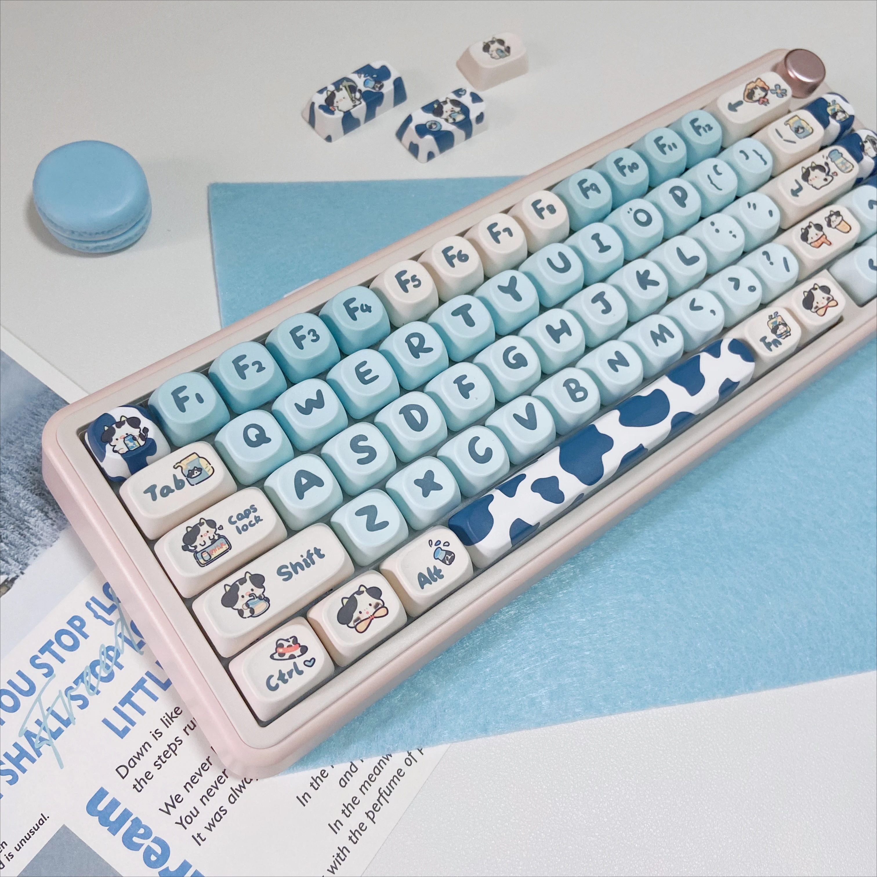 Cute Sky Blue Keycaps for Mechanical Keyboards MOA Profile PBT Key Caps Gaming Keyboards DIY Accessories Cow Theme Key Caps