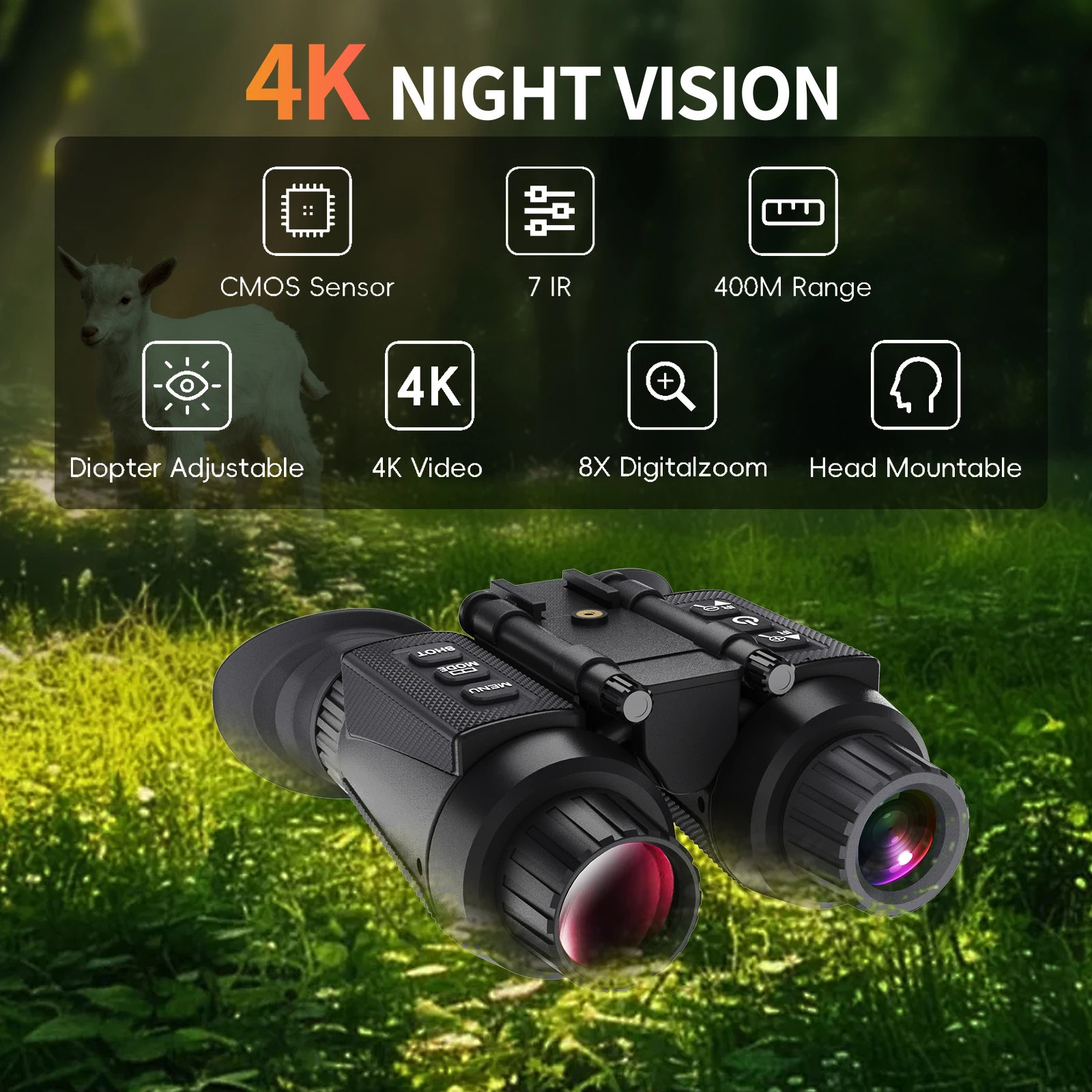 4K Head-Mounted Night Vision Goggles & Binoculars for Adults – 8X Digital Zoom for Hunting, Camping