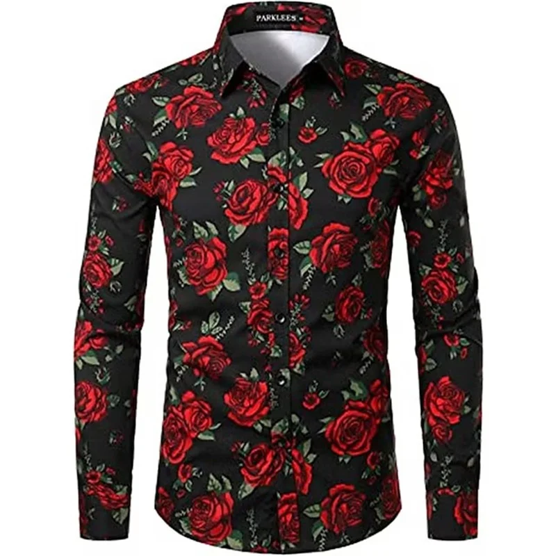 New Men\'s Shirts Long Sleeve 3D Flowers Print Lapel Button Summer Clothes For Men Up Top Prom Birthday Fashion Boyfriend Shirts