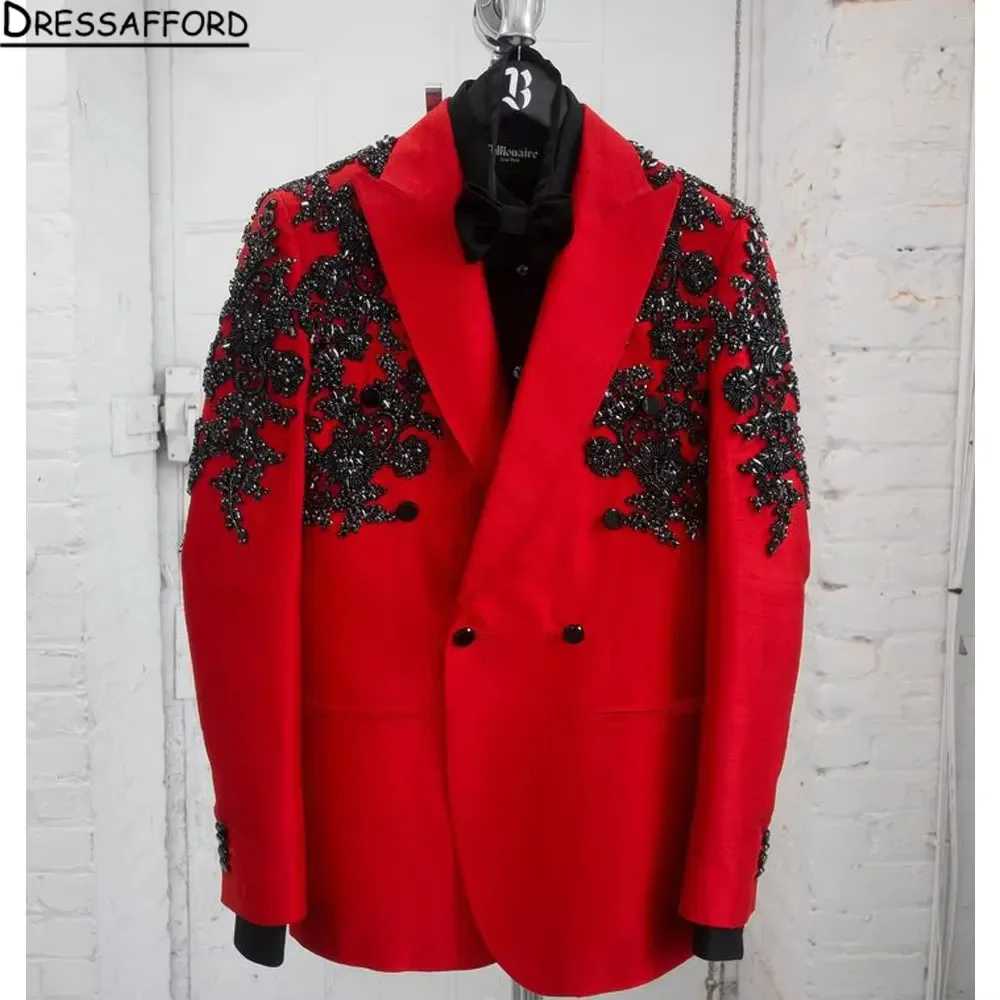 Red Suits Men For Wedding 2 Pieces Jacket Pants Black Appliques Beaded Groom Tuxedo Formal Business Banquet