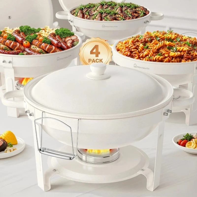 White Chafing Dishes for Buffet (5QT, 4Pack) - Maifanite-Coated, Food-Grade Stainless Steel, Rolled Rim, Stackable,Weddings