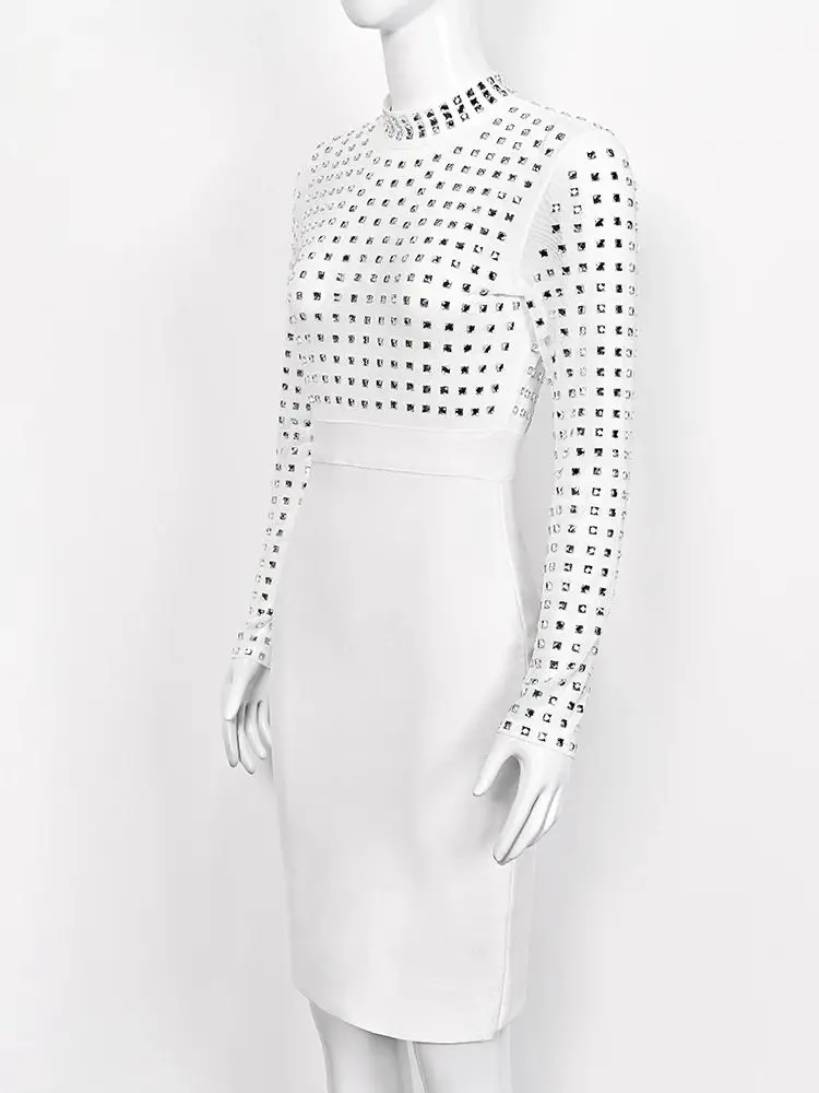 Vestido Bandage de diamante blanco de lujo Vintage a la moda, vestido de malla de invierno de manga larga para mujer, Vestidos de fiesta de noche con piedras