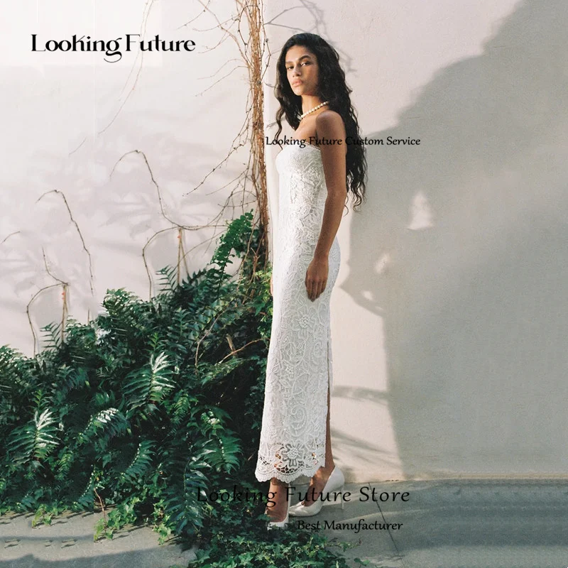 モダンなホワイトマーメイドウェディングドレス足首までの長さのノースリーブイリュージョンレースアップリケシンプルなストラップレスバックレス2025ガウンカスタマイズ