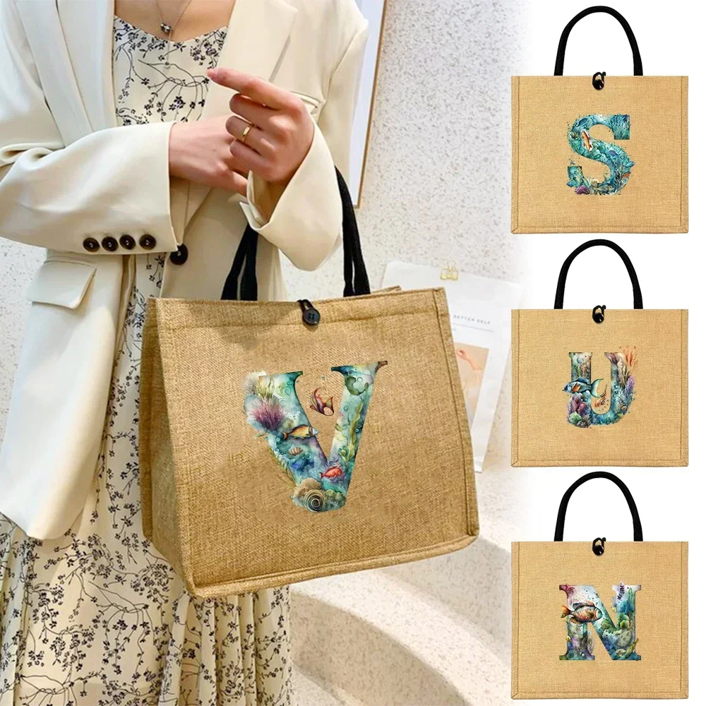 

Flax Bag Button Handbag Organizer Storage Jute Tote Bags Imitation Cotton Shopping Women Valise Portable Fish Printing Series