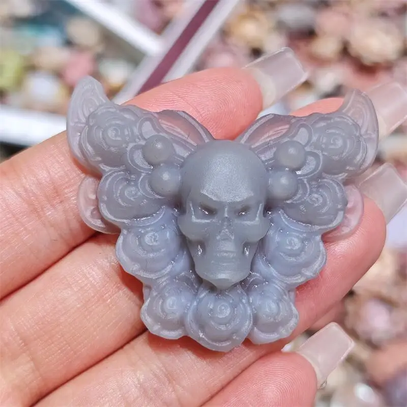Natural Amazonite Skull Butterfly Carving Statue Healing Fengshui Sculpture For Decoration Holiday Gift 1pcs