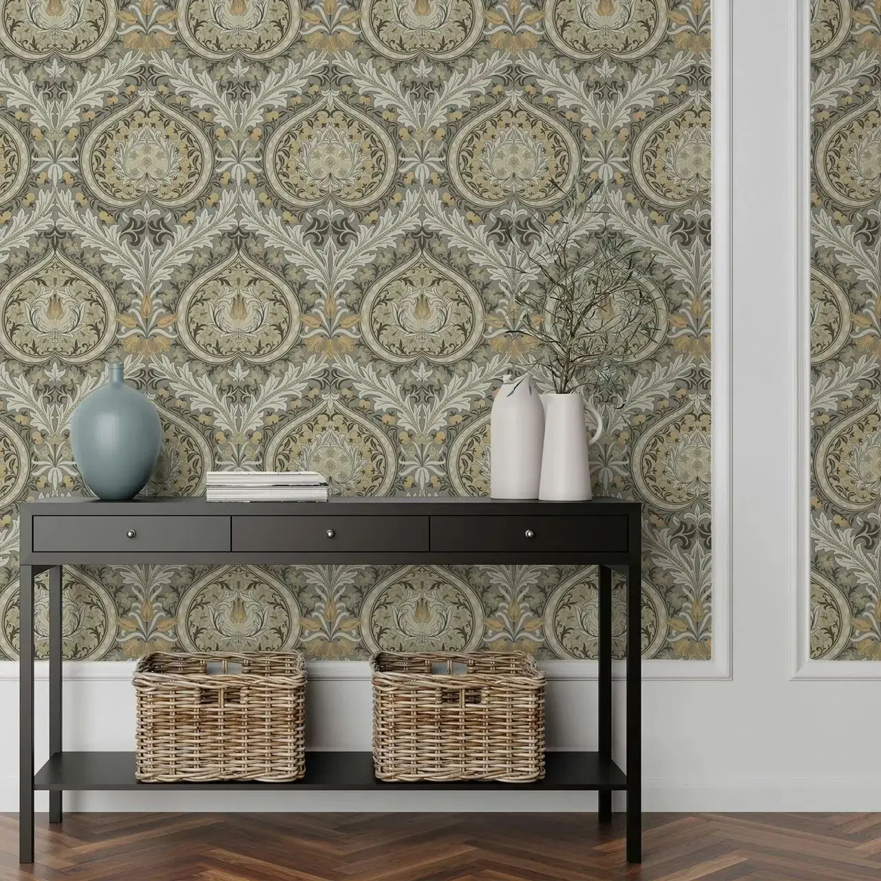 William Morris Eden Wallpaper,Madder on Midnight Damask Pattern Wall Paper For Home Decor/ Wall Art, Sefl-adhesive Or Un-paste