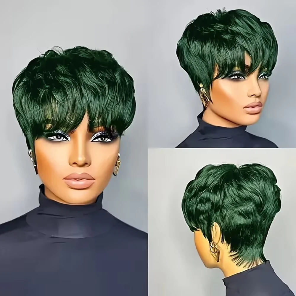 Parrucca corta con taglio pixie Parrucche per capelli umani lisci verdi Capelli brasiliani con frangia pre pizzicata per donne Capelli umani al 100% realizzati a macchina