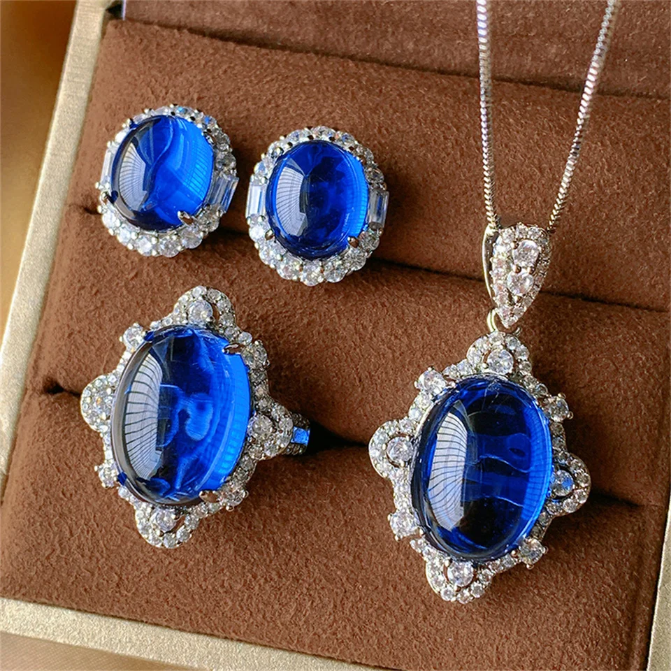 

Ice Fluorescent Blue Spinel Jewelry Set 13*18-10*12 Diamond Sapphire Necklace Earrings Ring Set Fashion Stainless Steel Jewelry