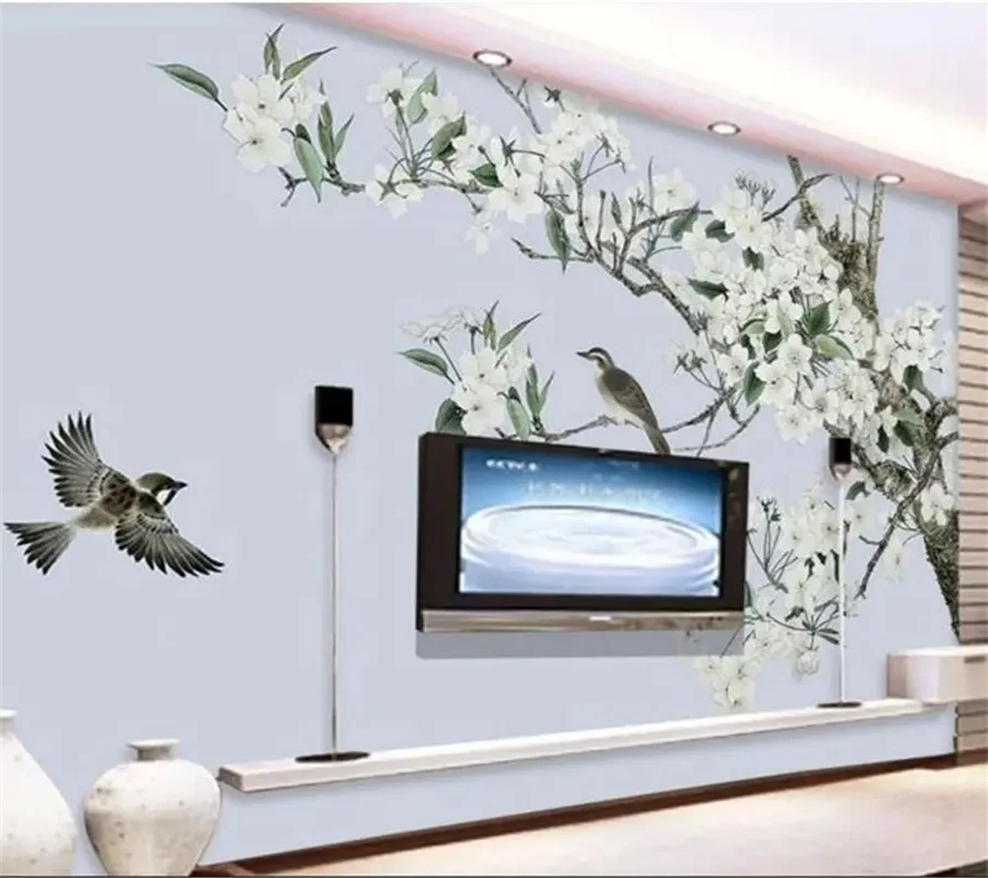 Custom wallpaper 3d hand-painted flower and birds retro hand-painted interior background decoration living room bedroom painting