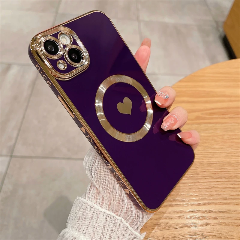 Luxury Magsafe Magnetic Plating Love Heart Phone Case For iPhone 11 12 13 14 15 Pro Max X XR XS 8 Plus Wireless Charging Cover