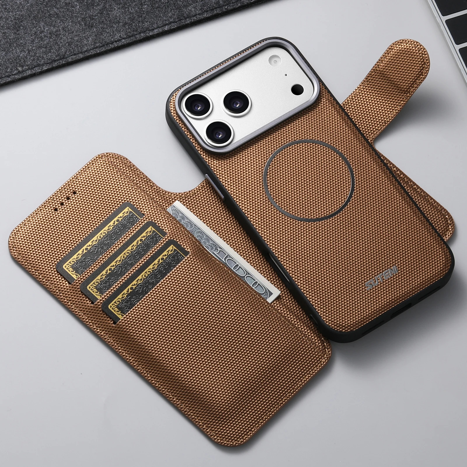 

SUTENI Faux Leather Wireless Charging Card Holder Stand Wallet Magnetic Flip Cover Phone Case For iPhone 17 Pro Max 16 15 14 13