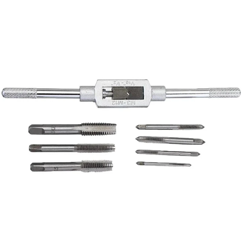 8Pcs Hss Hand Screw Tap Die Wrench,Met Verstelbare Tap Wrench 1/16-1/2,Schroefdraad Metric Plug Tap M3 M4 M5 M6 M8 M8 M12