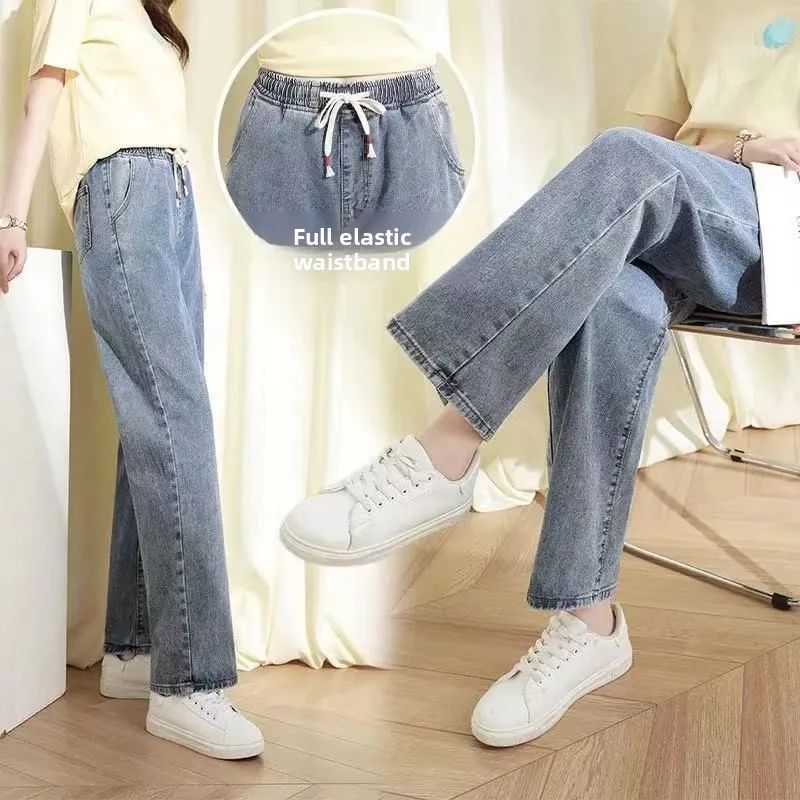 plus Size Elastic Waist Denim Jeans High Waist Wide Leg Straight Cut Light Color Dad Pants for plus Size Women Students