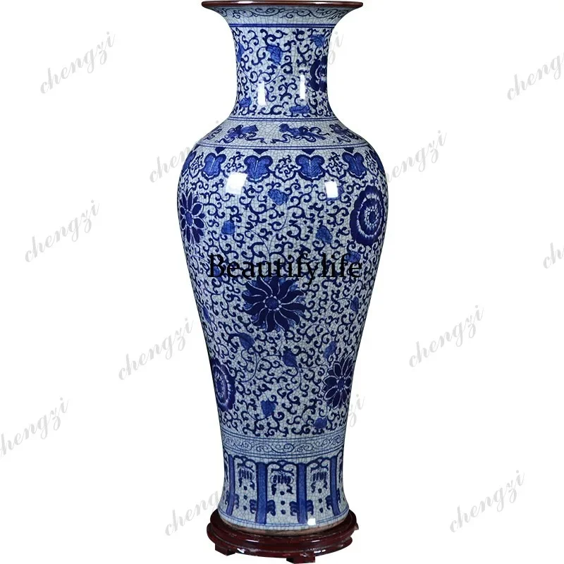 Ceramics antique blue and white porcelain cracked floor-to-ceiling large vase ornament Chinese classical living room decoration