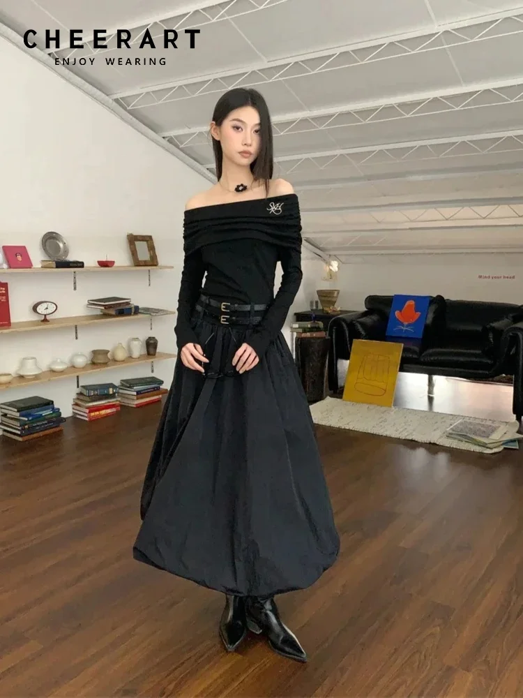 

CHEERART Autumn Off The Shoulder Long Sleeve Midi Dress 2024 Women Black Tunics Bud Patchwork Long Luxury Dresses Clothing