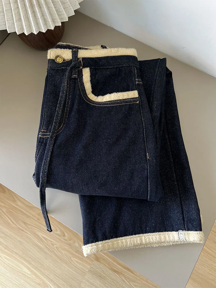 

Темно-синие прямые джинсы с подкладкой Fce, женские свободные широкие брюки с высокой талией больших размеров, эффект похудения с контролем живота