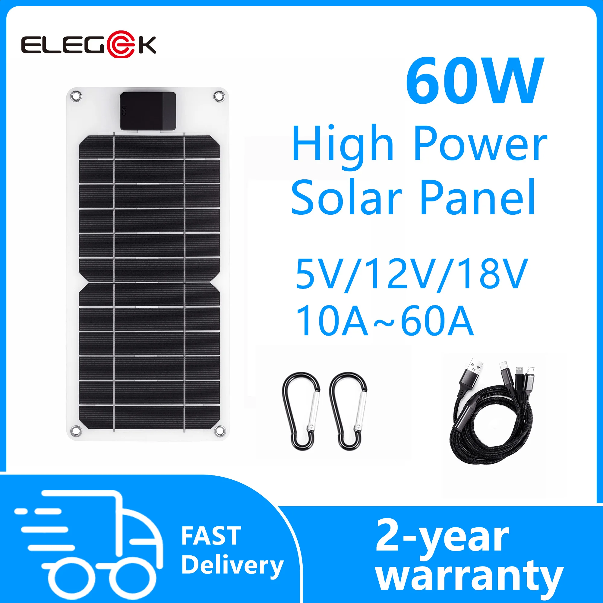 ELEGEEK Cargador de Panel Solar de 60 W, Cargador de Batería Portátil USB de 5 V para Teléfono Celular, Banco de Energía Impermeable para Exteriores para Acampar