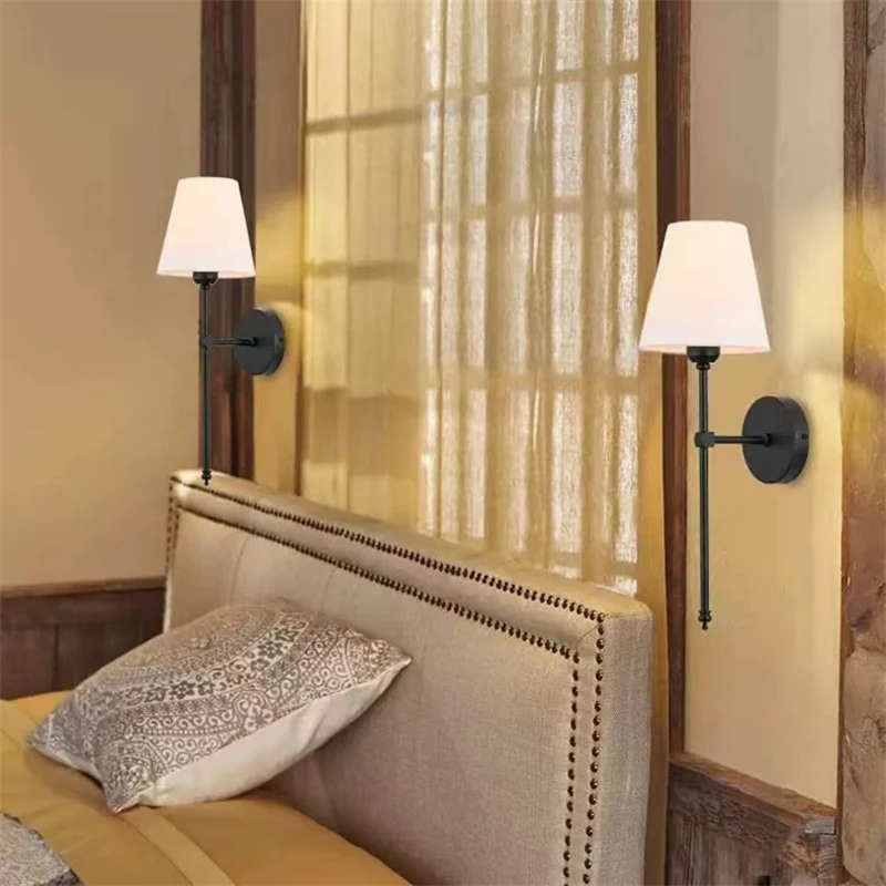 American Retro Wall Lamp Bedroom Bedside Lamp Bathroom Mirror Lamp Luster Luxury Sconce Fabric LampShade TV Wall Lights Fixture