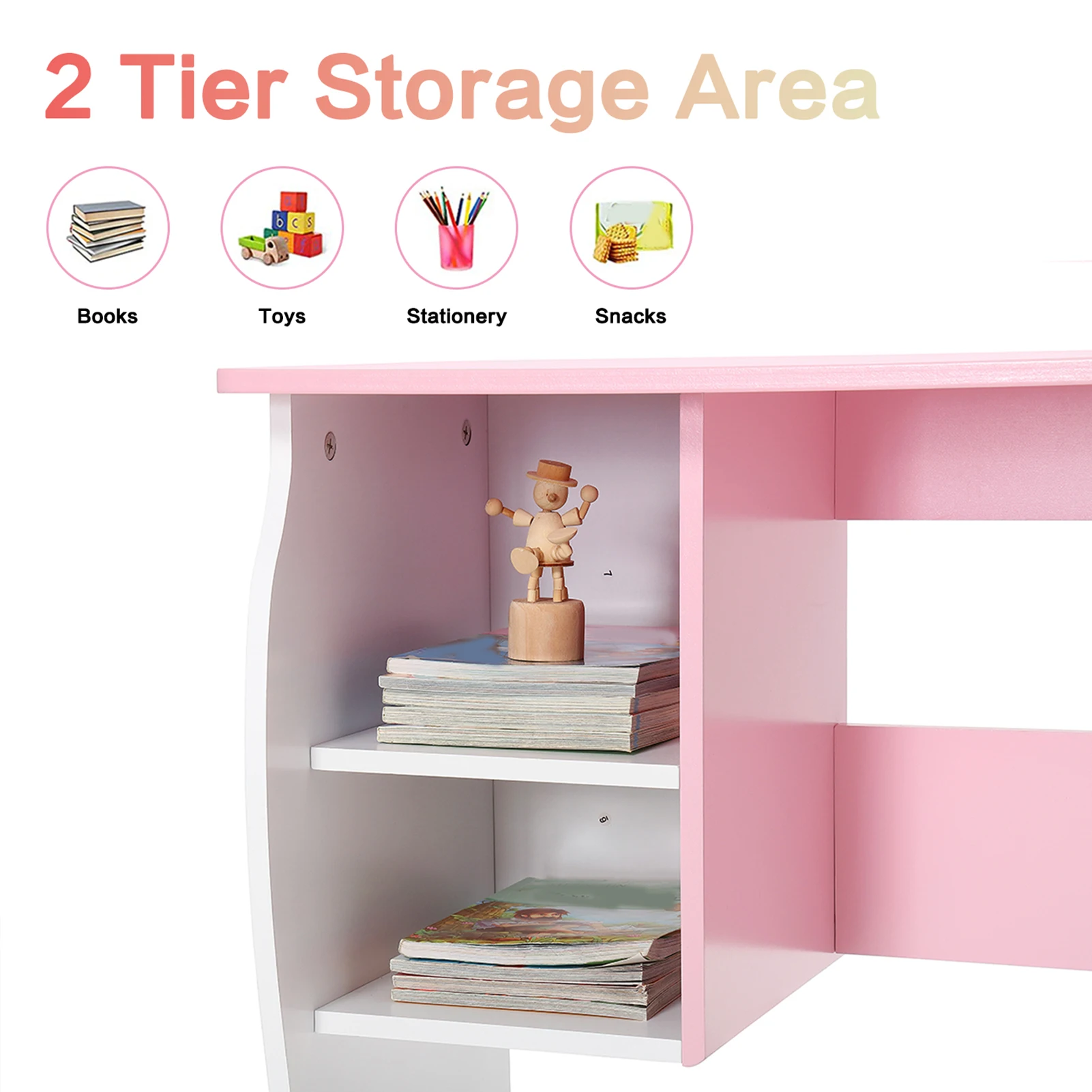 طاولة كتابة خشبية للأطفال مع رف تخزين ومكتب أطفال وكرسي مجموعة مكتب دراسة للأطفال طاولة دراسة خشبية وكرسي #4