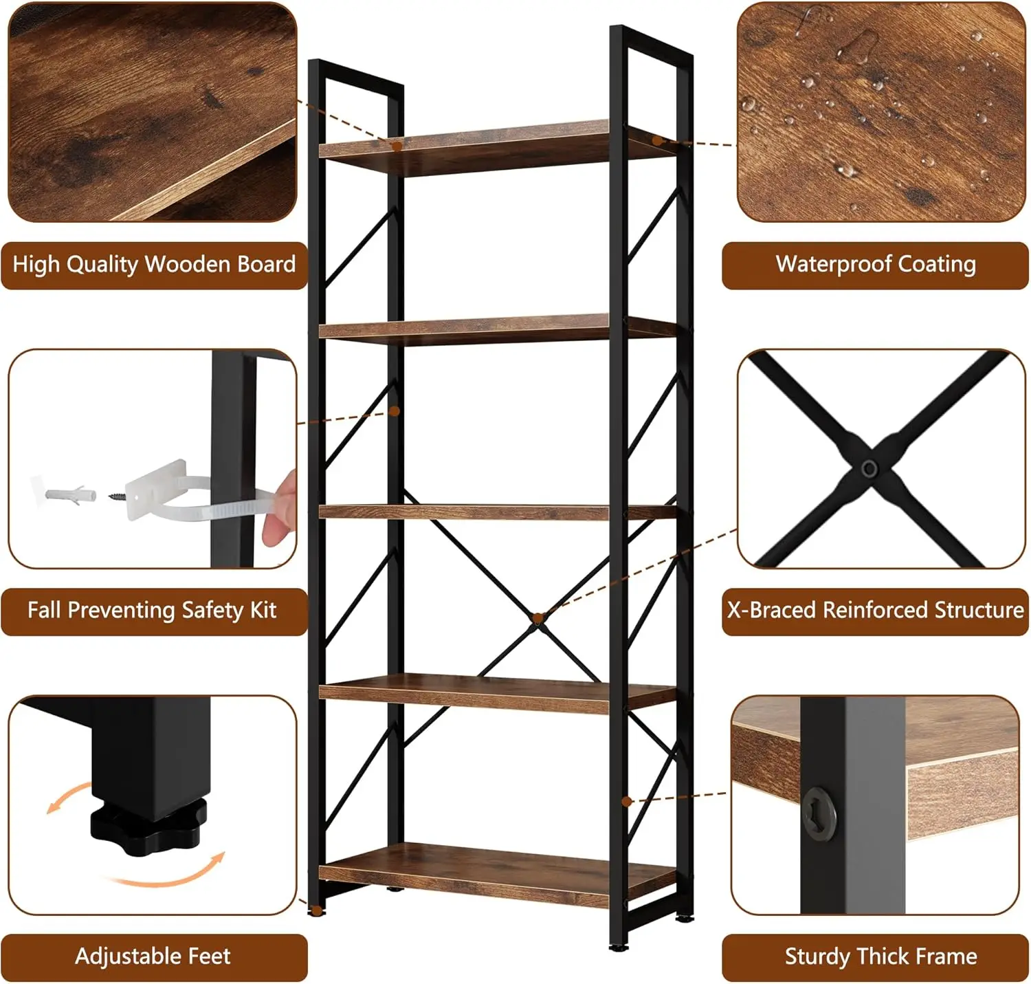 رف كتب مكون من 5 طبقات، رف كتب طويل كلاسيكيًا، رف كتب صناعي، حامل كتب حديث في غرفة النوم/غرفة المعيشة/المنزل/المكتب
