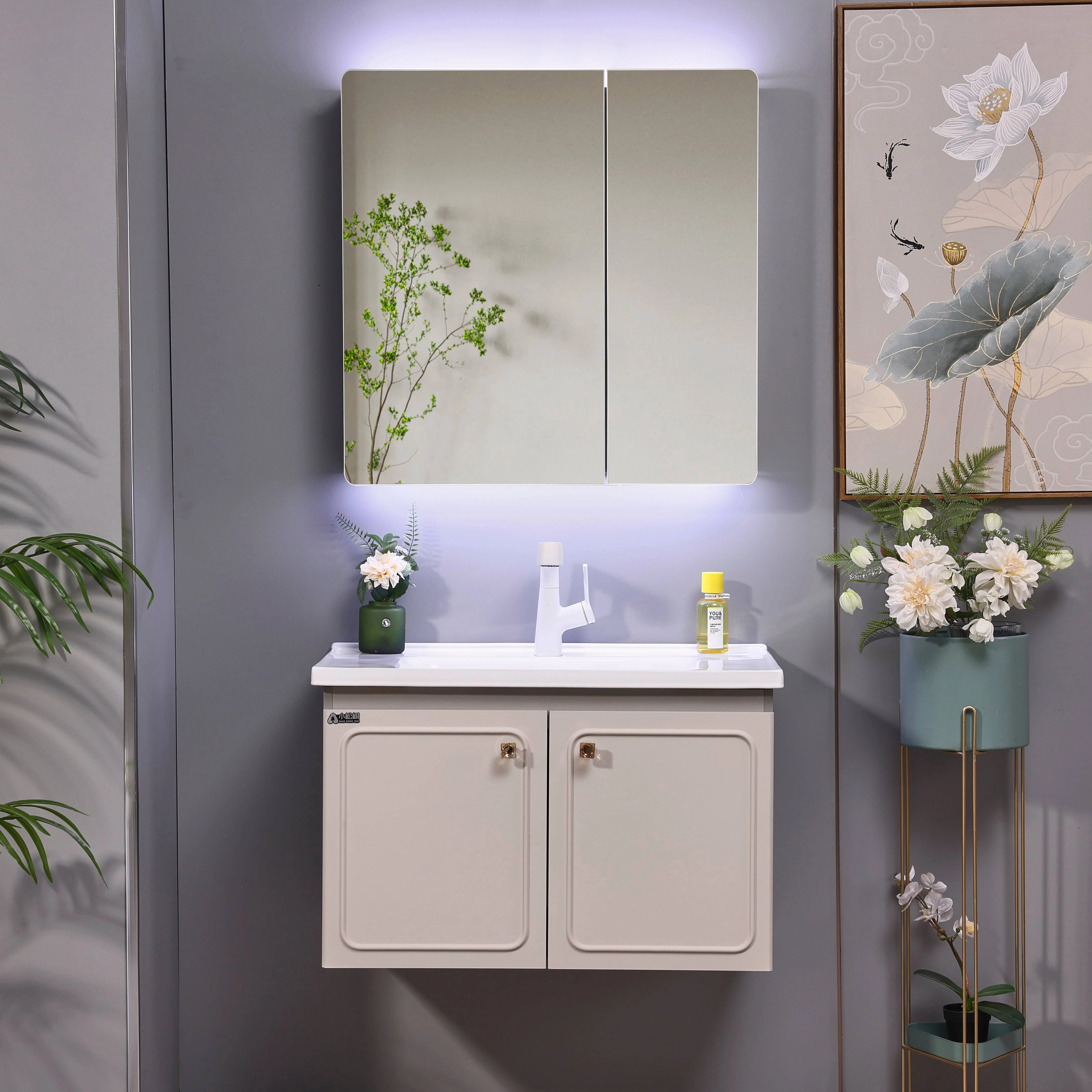 @#Plywood Modern Bathroom Cabinet LED Illuminated Smart Mirror Ceramic Basin Eco-Friendly Dining Hotel Bedroom Use Wall-Mounted